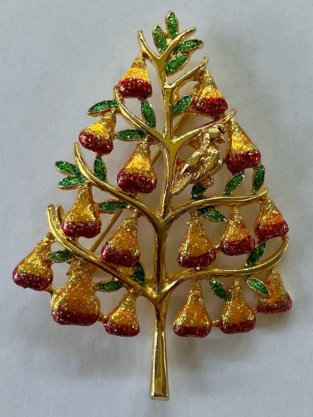 Christopher Radko Gold Tone Pear Tree Brooch with Yellow, Red and Green Enamel